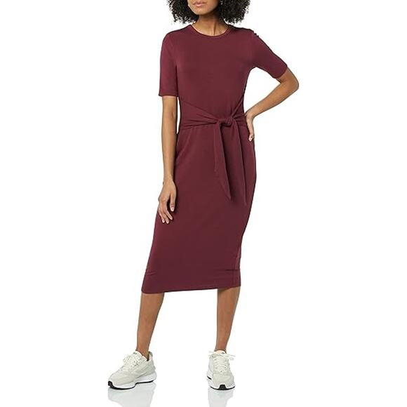Daily Ritual Supersoft Terry Short-Sleeve Tie-Front Midi Dress Maroon Womens XS - Picture 1 of 10